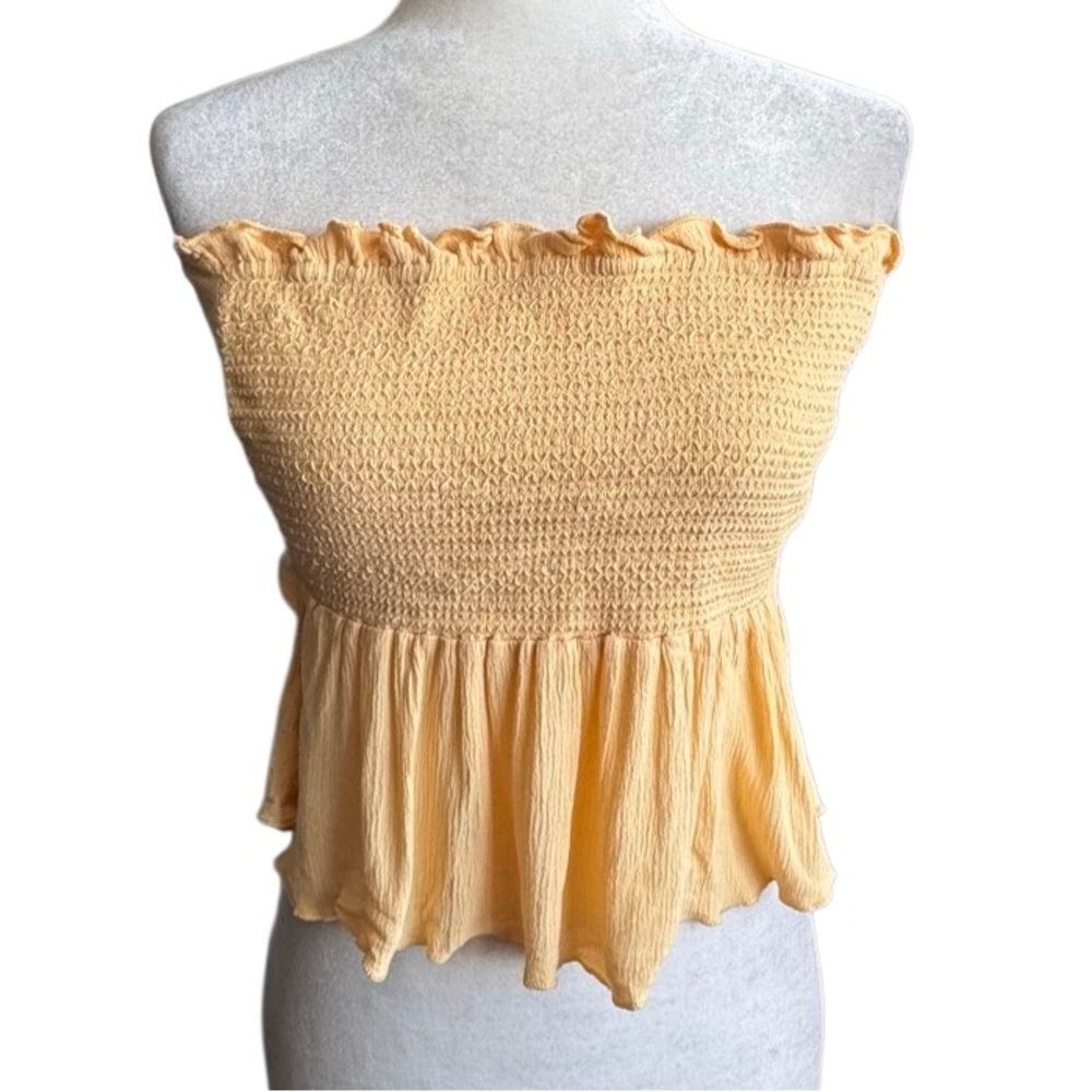 LA Hearts Strapless Smocked Crop Top Ruffle Tie Butter Yellow  SZ M
